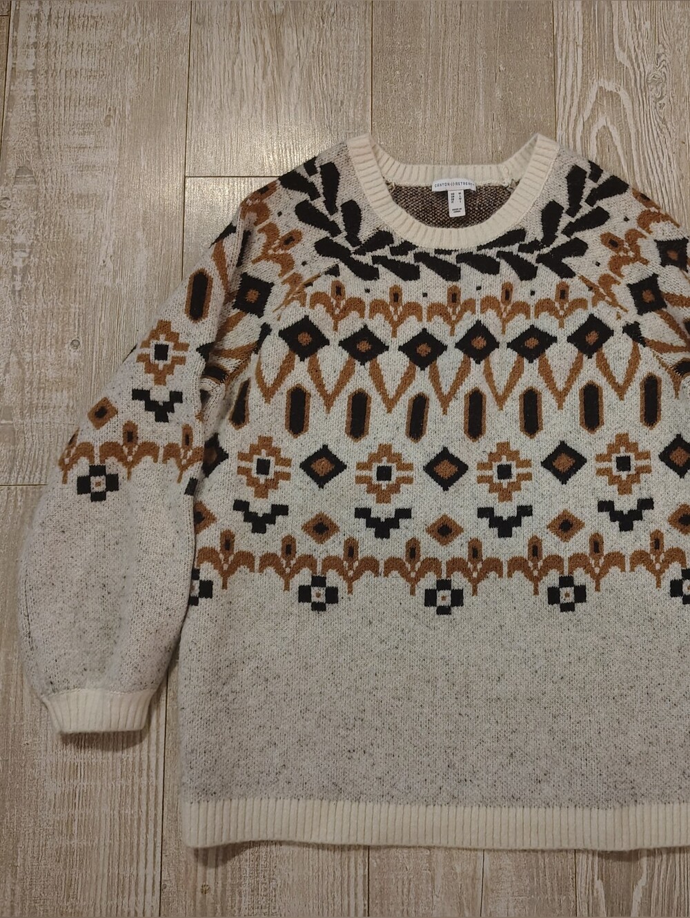 Cream Fair Isle Turtleneck Sweater with Black & Brown Geometric Motif